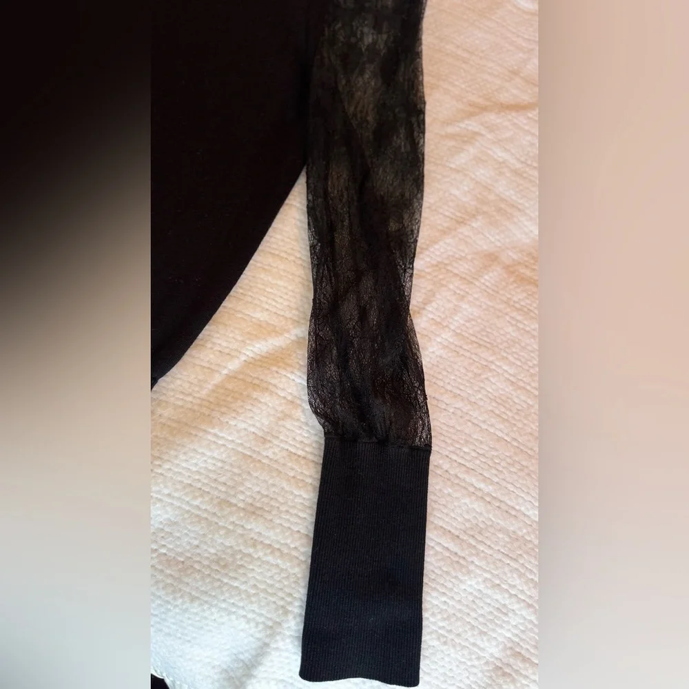 EQUIPMENT Femme Black Wool Silk Turtleneck Sweater Sheer Lace Sleeves Long Cuffs